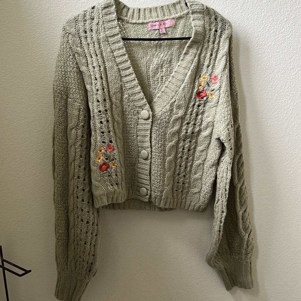 Green Cardigan with Flowers, Size L